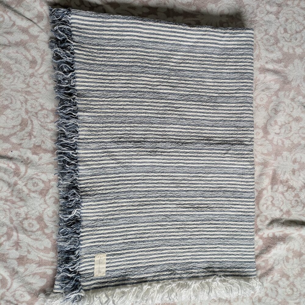 Linen Social Brand Blue Stripe Seersucker With Fringe Throw/Picnic Blanket